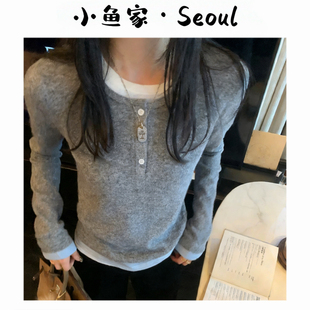 【八家撞色假两件】韩风八家毛绒绒假两件长袖衫百搭大弹力打底衫