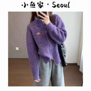 【八家卷卷纱】韩风纯色立领长袖毛衣外套百搭毛绒保暖毛衣外套