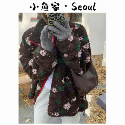 【花绒暖调】韩风花朵毛毛立领外套百搭显瘦加绒长袖外套过冬女