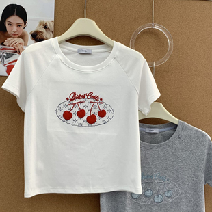 T恤百搭显瘦短袖 韩系CHOI刺绣樱桃插肩短袖 上衣女 樱桃T恤