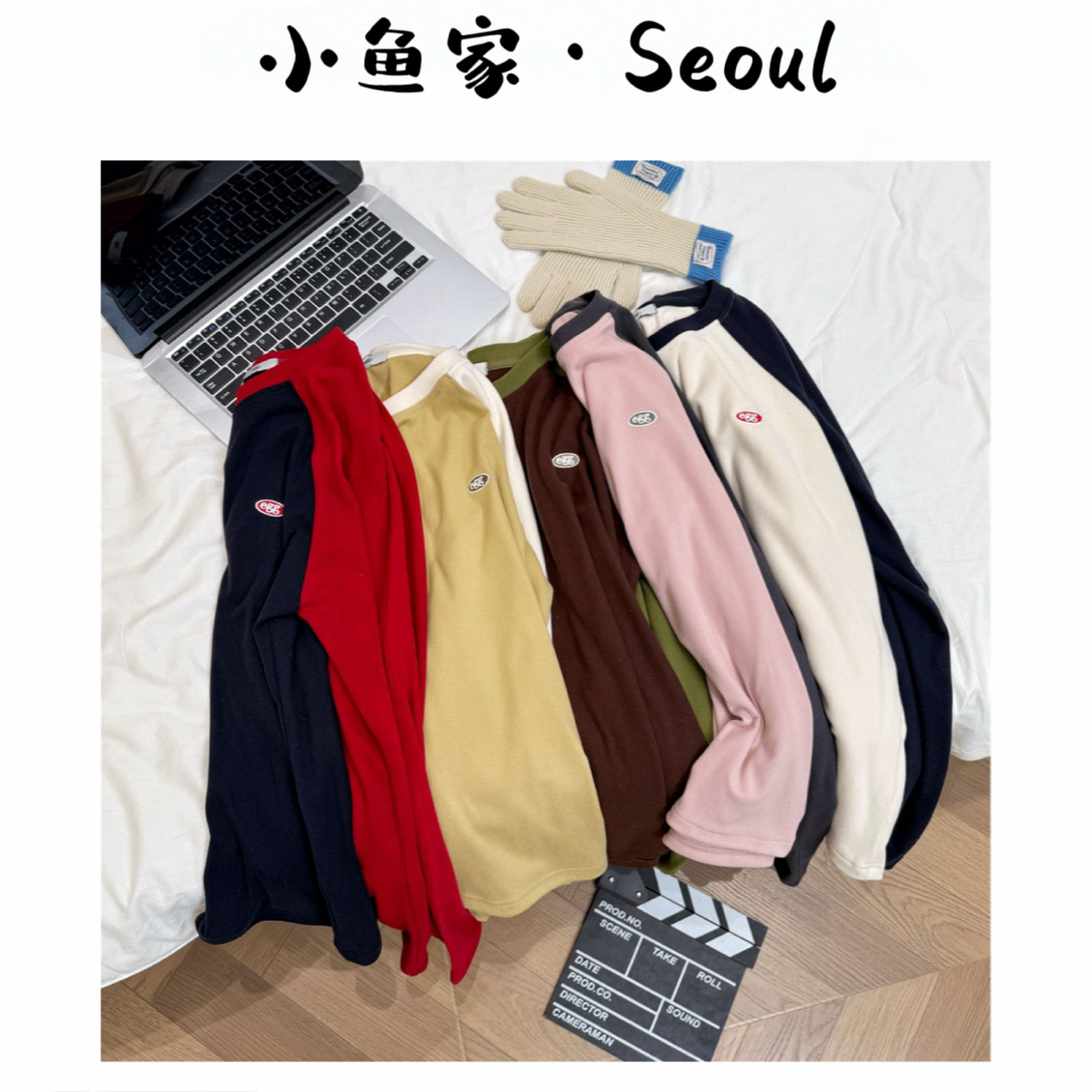 【圈圈egg】韩风德绒大弹力插肩袖长袖打底衫刺绣字圆领长袖衫