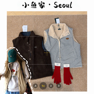 【八家双面穿】韩风格子羔羔毛正反两穿马甲百搭显瘦无袖马甲叠穿