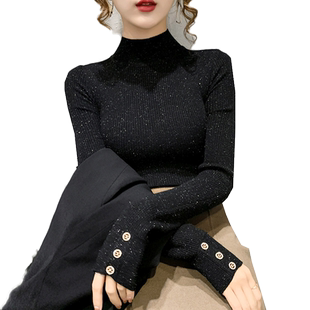 春秋冬2025新款短款半高领亮丝纽扣毛衣针织打底衫内搭女士上衣