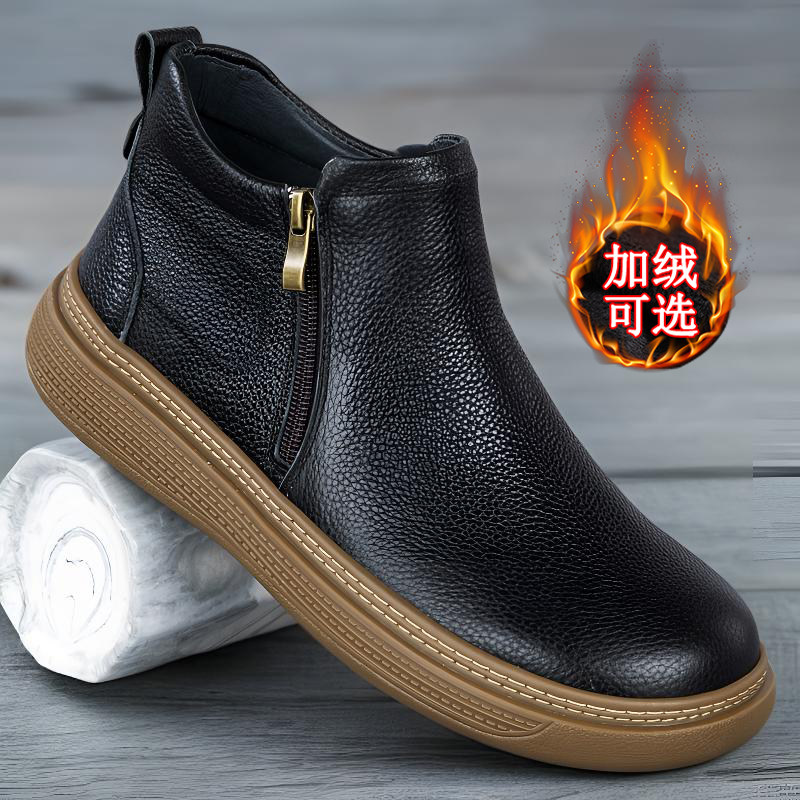 真皮高帮鞋男款2025秋冬新款头层牛皮套脚短靴软底加绒保暖马丁靴