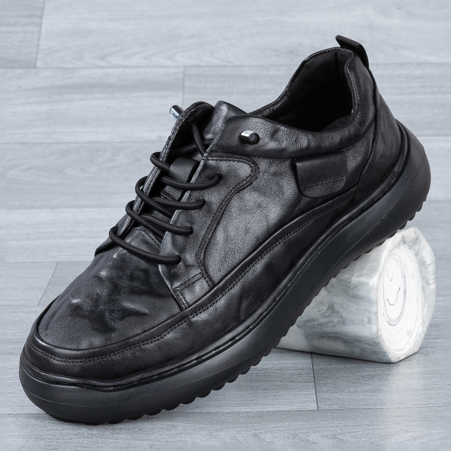 运动头层牛皮休闲皮鞋男士免系鞋带黑色系带实心软底增高真皮男鞋