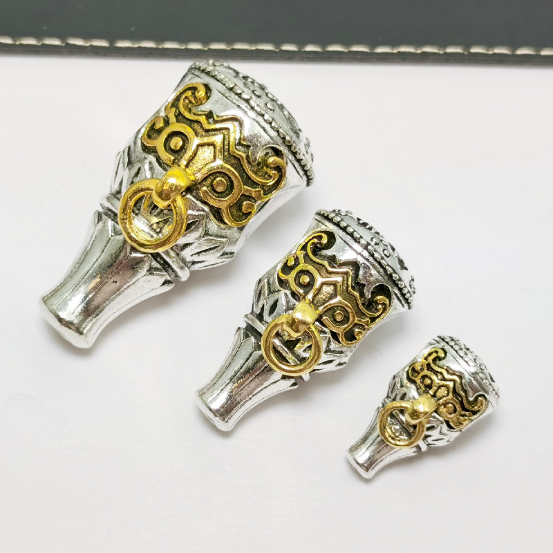 diy藏银三通镶嵌兽面挂环文玩配件 合金古银复古手工手串饰品配饰