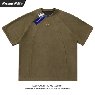 Wassup Wolf美式复古麂皮绒刺绣拼接短袖T恤男生夏季百搭休闲上衣