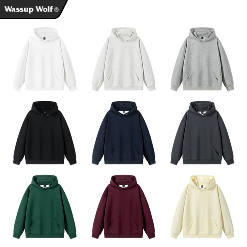 Wassup Wolf基础款连帽卫衣男女简约上衣情侣ins纯色宽松纯棉外套