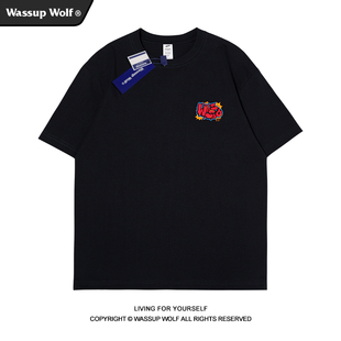 Wassup Wolf美式复古嘻哈字母圆领短袖T恤男宽松个性小众情侣半袖