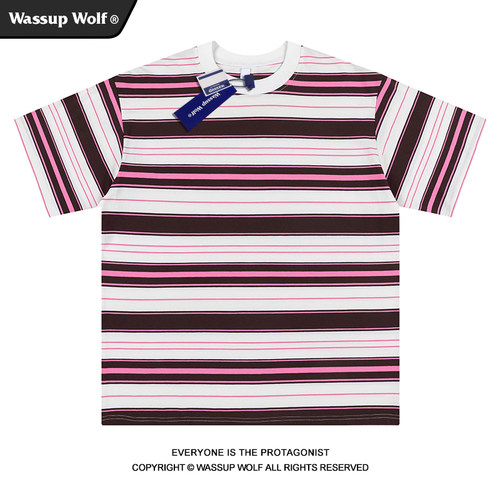 WassupWolf复古条纹短袖T恤男