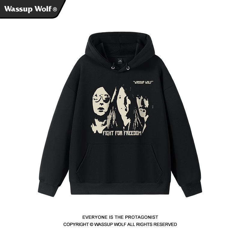 Wassup Wolf美式复古人脸连帽卫衣男秋冬季2024新款宽松重磅外套