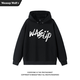 Wassup 涂鸦字母印花连帽卫衣男国潮牌重磅宽松情侣上衣 Wolf美式