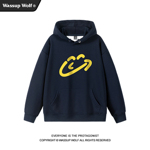 情侣百搭上衣 笑脸连帽卫衣男女外套潮牌秋季 Wassup Wolf重磅美式