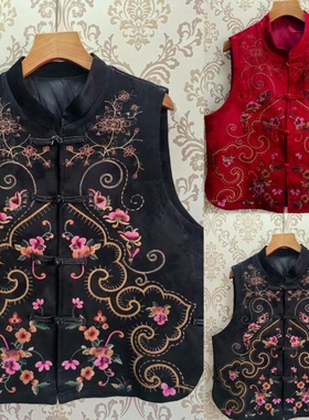 新中式国风绣花短款中式马夹妈妈民族风无袖坎肩立领盘口马甲上衣