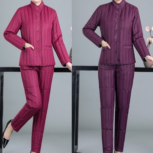 冬季中老年女士内胆羽绒服轻薄立领妈妈装大码冬季上衣+裤子套装