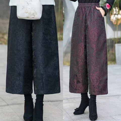 冬季提花阔腿裤女高腰宽松加绒九分裤休闲保暖大码女装花苞裤