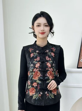 秋冬中国风重工绣花马甲女装民族风盘扣立领坎肩国风马夹民族风