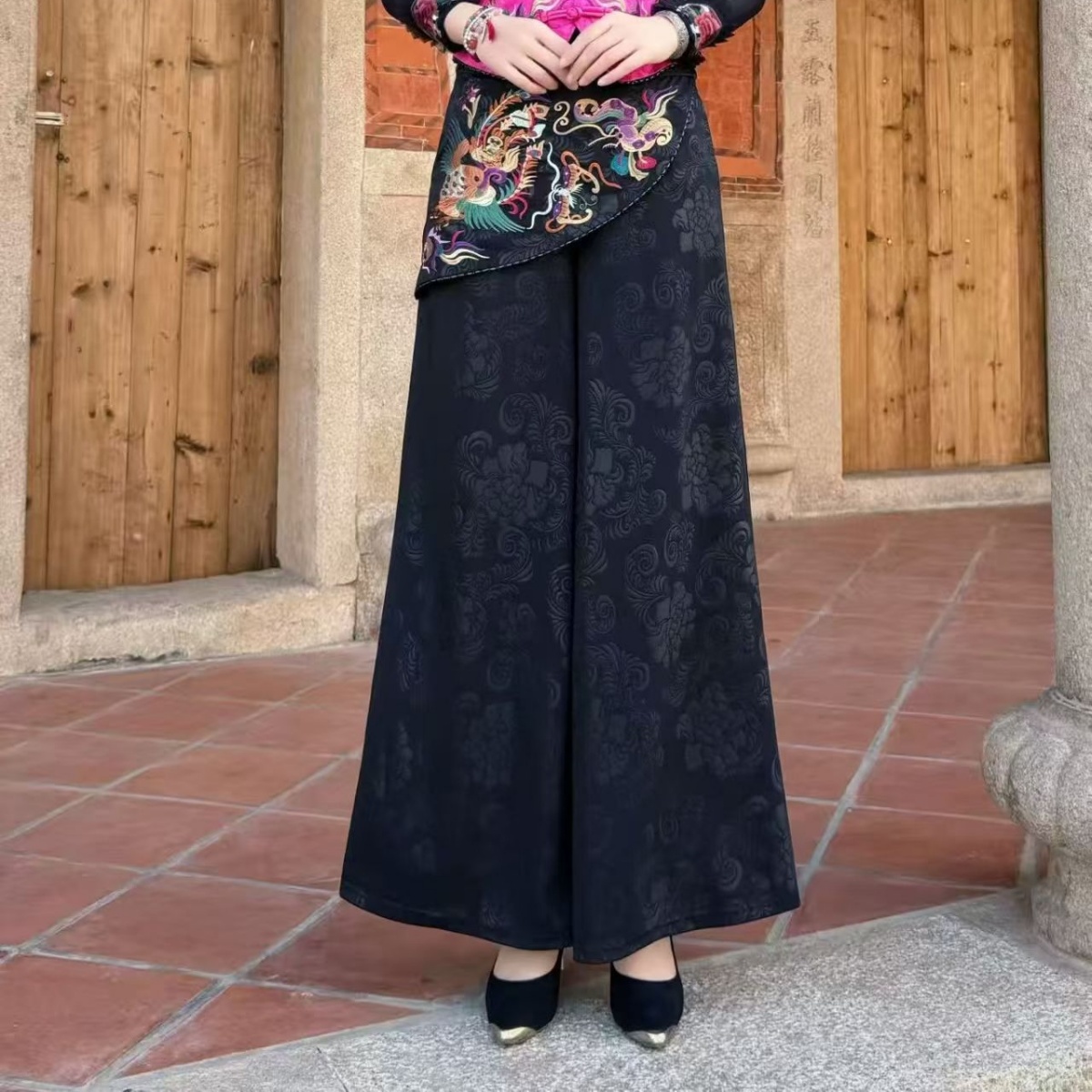 春秋夏新中式民族风刺绣阔腿裤女黑色提花百搭休闲长裤复古