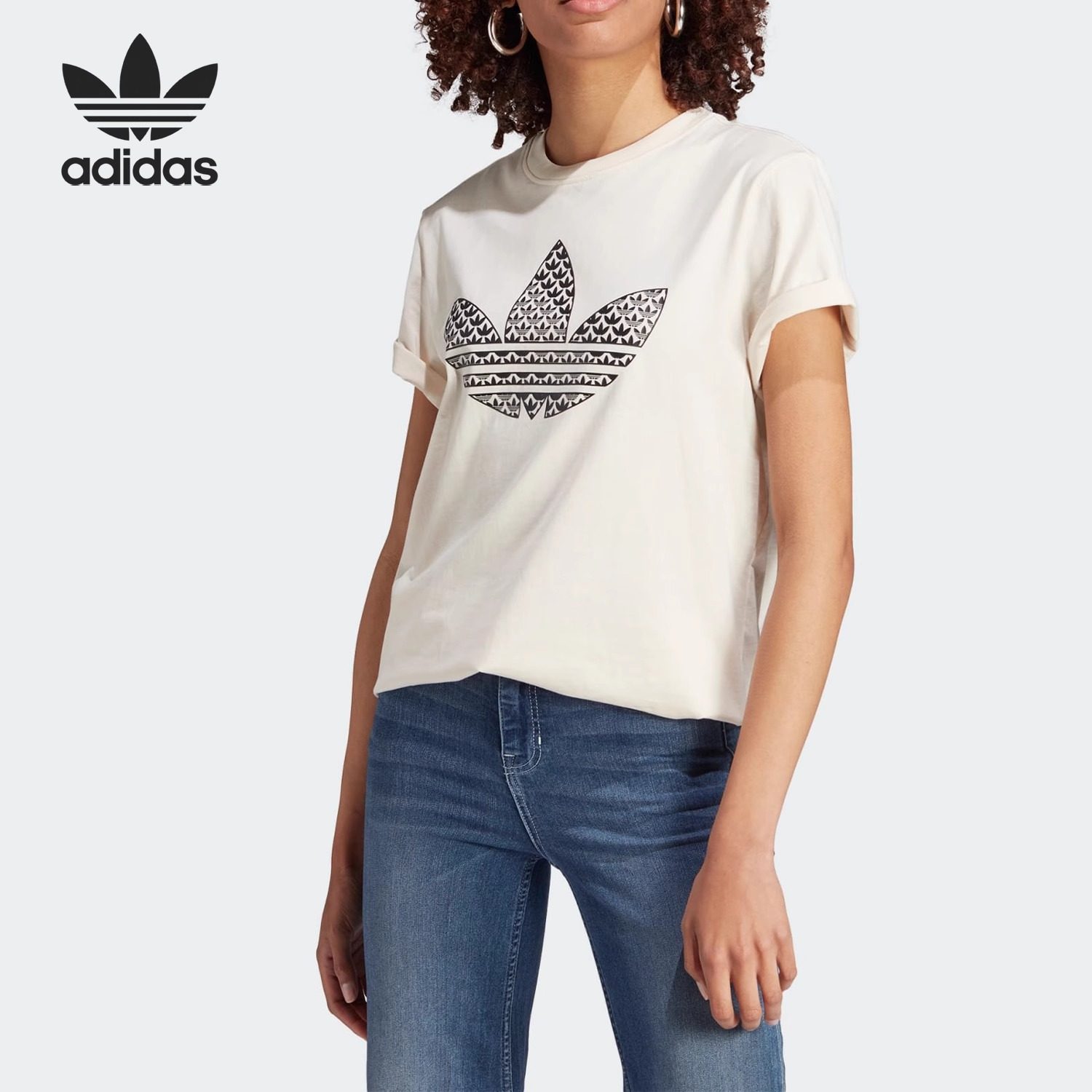 Adidas/阿迪达斯正品三叶草女士圆领印花休闲运动短袖IJ7067