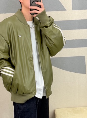 Adidas三叶草春秋男女运动休闲PU仿皮连帽夹克棉服外套JL7557