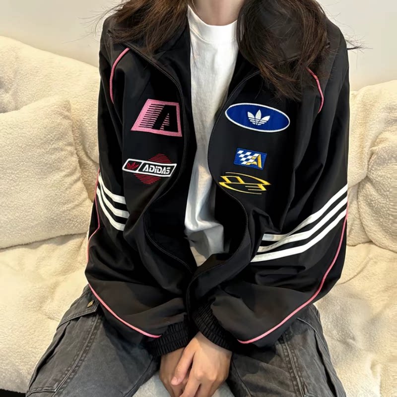 Adidas三叶草男女款赛车风立领梭织运动宽松透气夹克外套KG6676