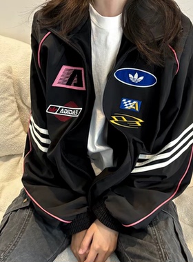 Adidas三叶草男女款赛车风立领梭织运动宽松透气夹克外套KG6676
