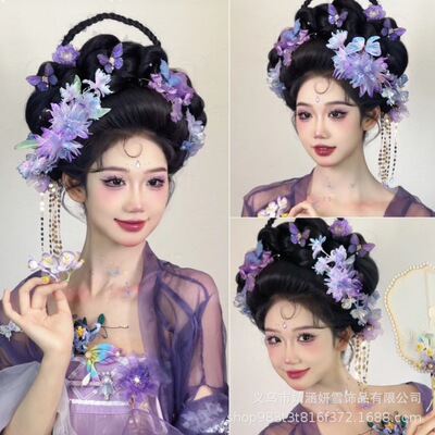 古风蝴蝶头饰紫色古风发饰 汉服烫花发夹绢花新款古典舞紫色发饰
