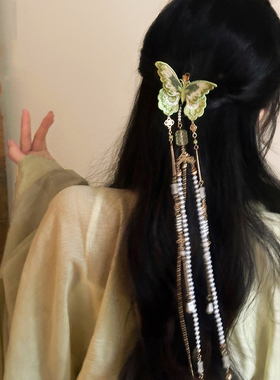新中式绿色蝴蝶长流苏发夹古风汉服后压步摇发饰高级感后脑勺发夹