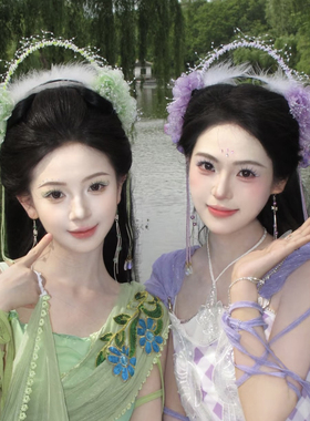 七仙女头饰汉服绢纱花朵流苏发箍