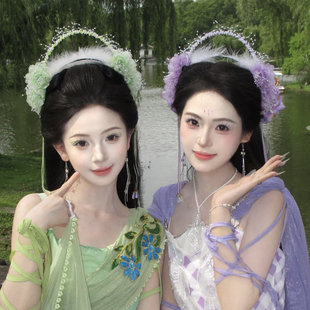 古风七仙女头饰古装汉服绢纱花朵流苏发箍超仙羽毛串珠飘带发饰