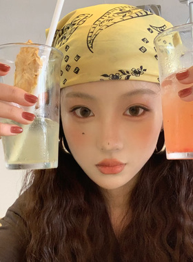 黄色印花头巾女2026新款y2k甜酷辣妹街头潮流方巾多功能丝巾发带
