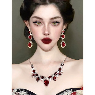 复古夸张奢华红色水滴锁骨链仿水晶吊坠项链耳饰套装气质新娘晚宴