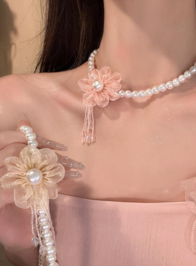 超仙法式蕾丝花朵流苏项链女