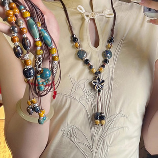 新中式陶瓷串珠花朵项链女民族风复古旗袍颈链文艺气质长款毛衣链