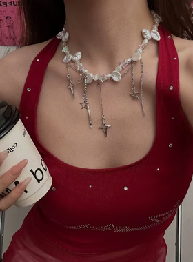 哥特朋克风叠戴珍珠十字架项链