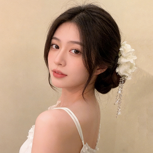 超仙白色铃兰花流苏发夹女新中式古风旗袍头花发卡侧边夹发饰头饰