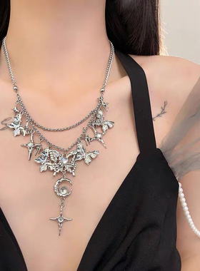 法式月亮蝴蝶流苏项链