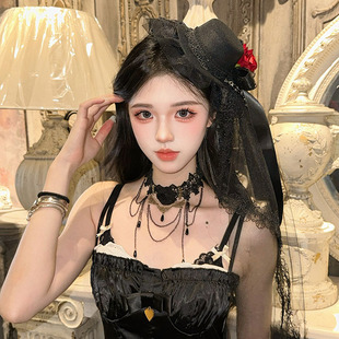 洛丽塔哥特风红玫瑰网纱飘带帽子发夹万圣节cos拍照礼帽新娘头饰