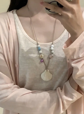 波西米亚度假风贝壳串珠可调节项链设计感手作编织绳甜美锁骨链