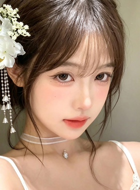 超仙白色花朵珍珠流苏发夹