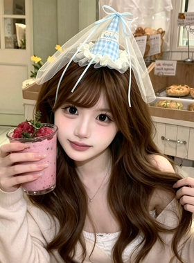 蓝色格子蝴蝶结生日帽发夹