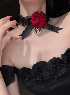 纯欲风蕾丝蝴蝶结铃铛红玫瑰项圈