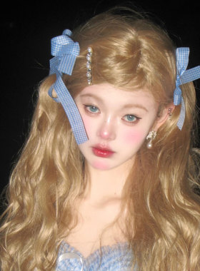 氛围感蓝色格子蝴蝶结发夹女