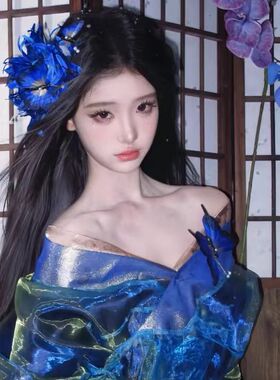 森系氛围感蓝色立体蝴蝶彼岸花发夹超仙古风头饰边夹簪花侧边发饰