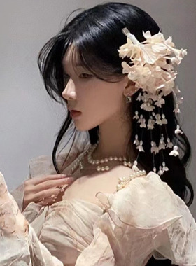 超仙铃兰头饰花朵流苏发夹森系新娘结婚发饰婚纱盘发高级感复古发
