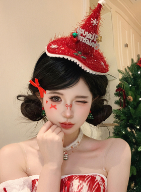 可爱毛绒红色圣诞帽发箍女卡通雪人绿色圣诞树头箍拍照聚会发饰