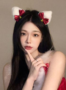 纯欲风毛绒猫耳朵铃铛发夹女甜美蝴蝶结夹子Lolita头饰新年发饰