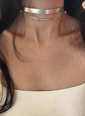 甜酷银色双层叠戴皮质颈链项圈女