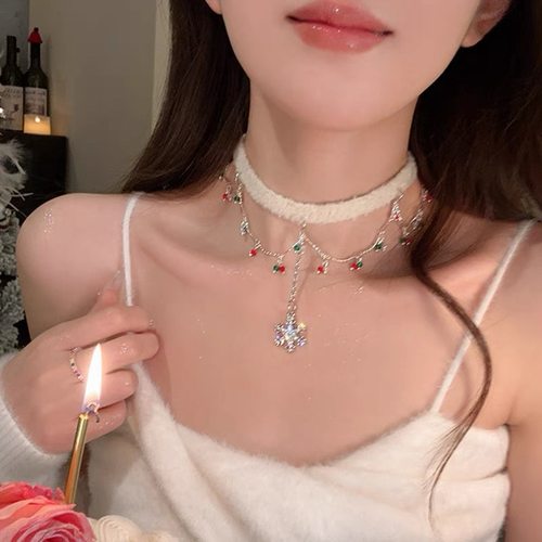 冬圣诞节双层流苏雪花毛绒项链女