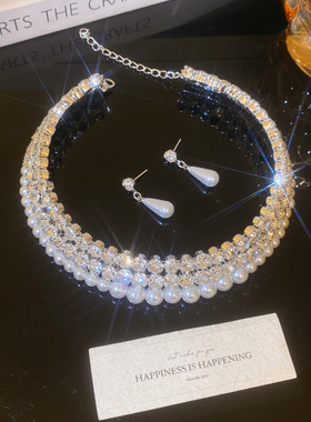 夸张轻奢小众仿珍珠水钻项链耳钉